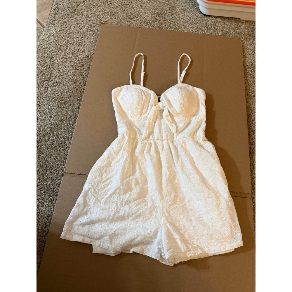 Lily Rose White Eyelet Romper Tie Front Smocked Back Small Pockets